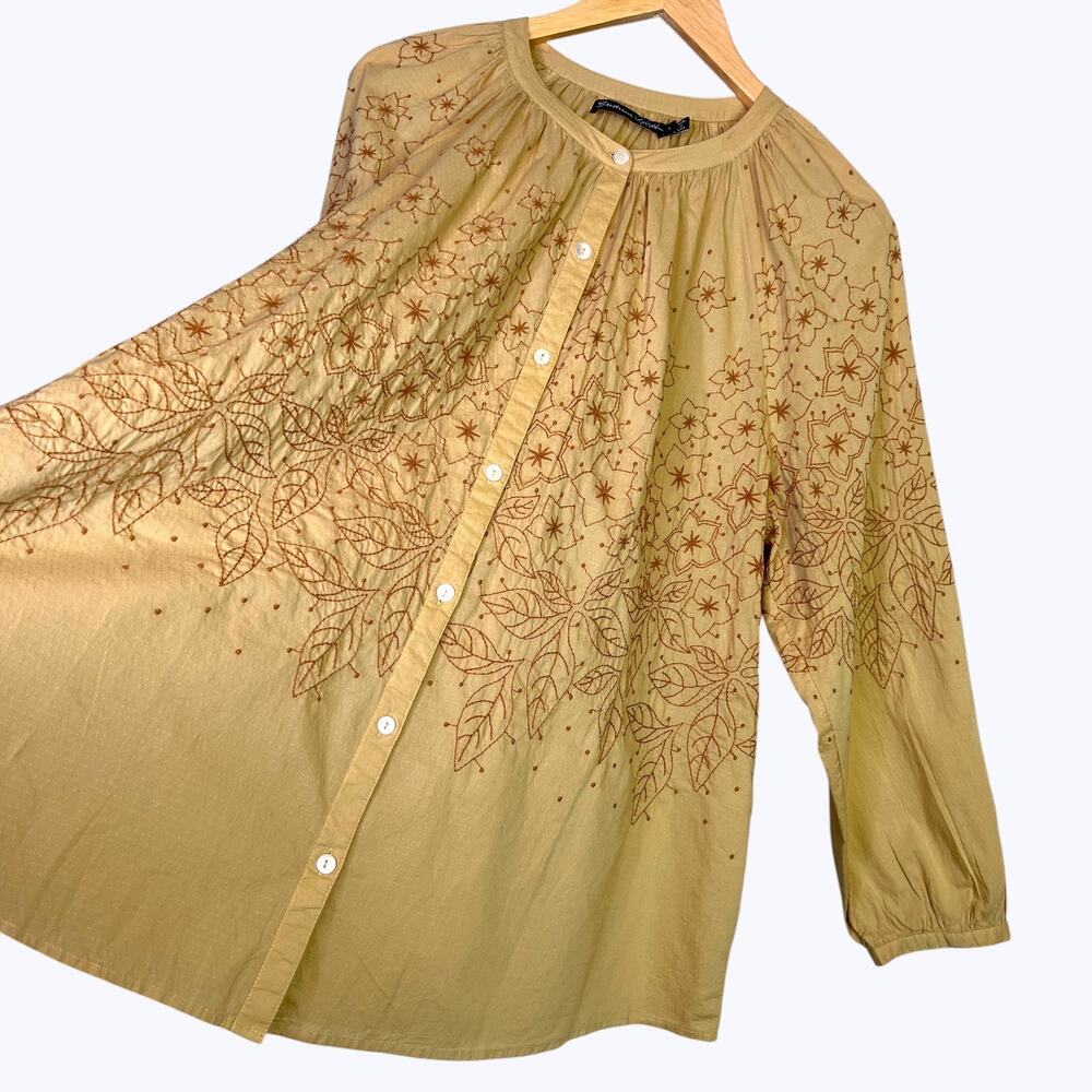 Gudrun Sjoden Embroidered Tunic Organic Cotton Boho Floral Top in Marigold Large